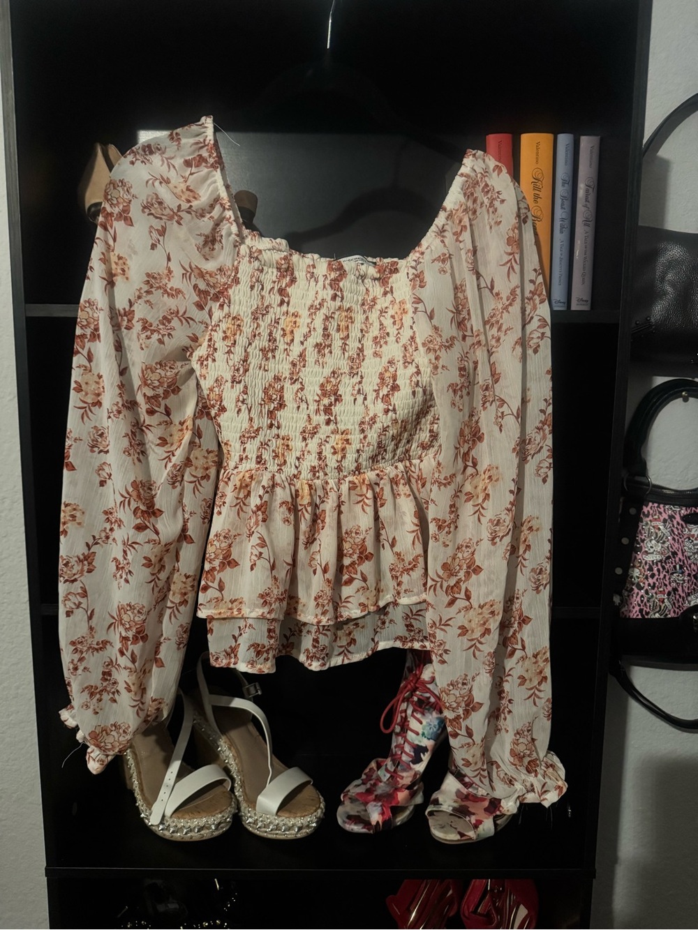 Discreet Cream Floral Smocked Peasant Blouse with Rust Print